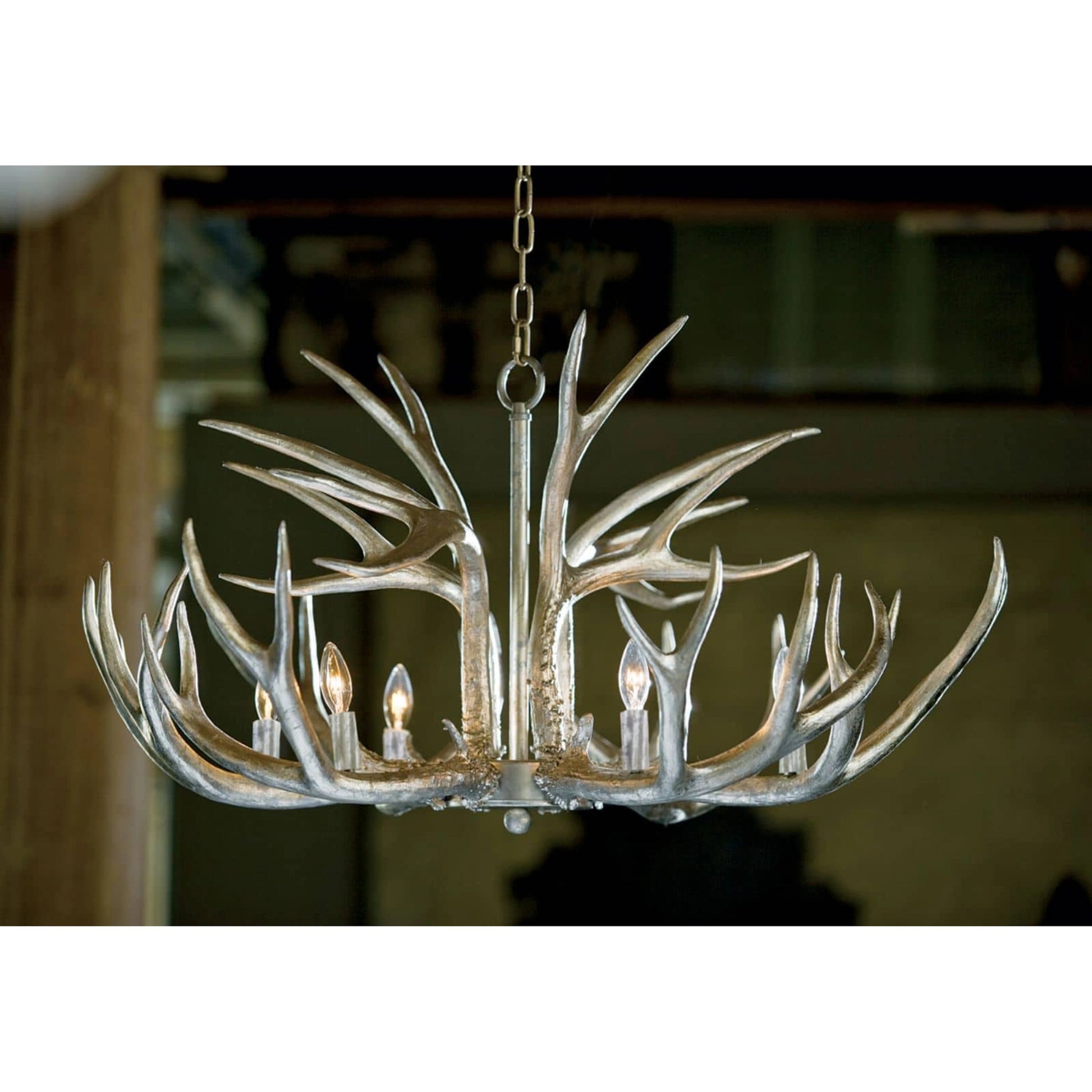 Antler Chandelier by Regina Andrew in silver leaf. Made from resin in a rustic style.