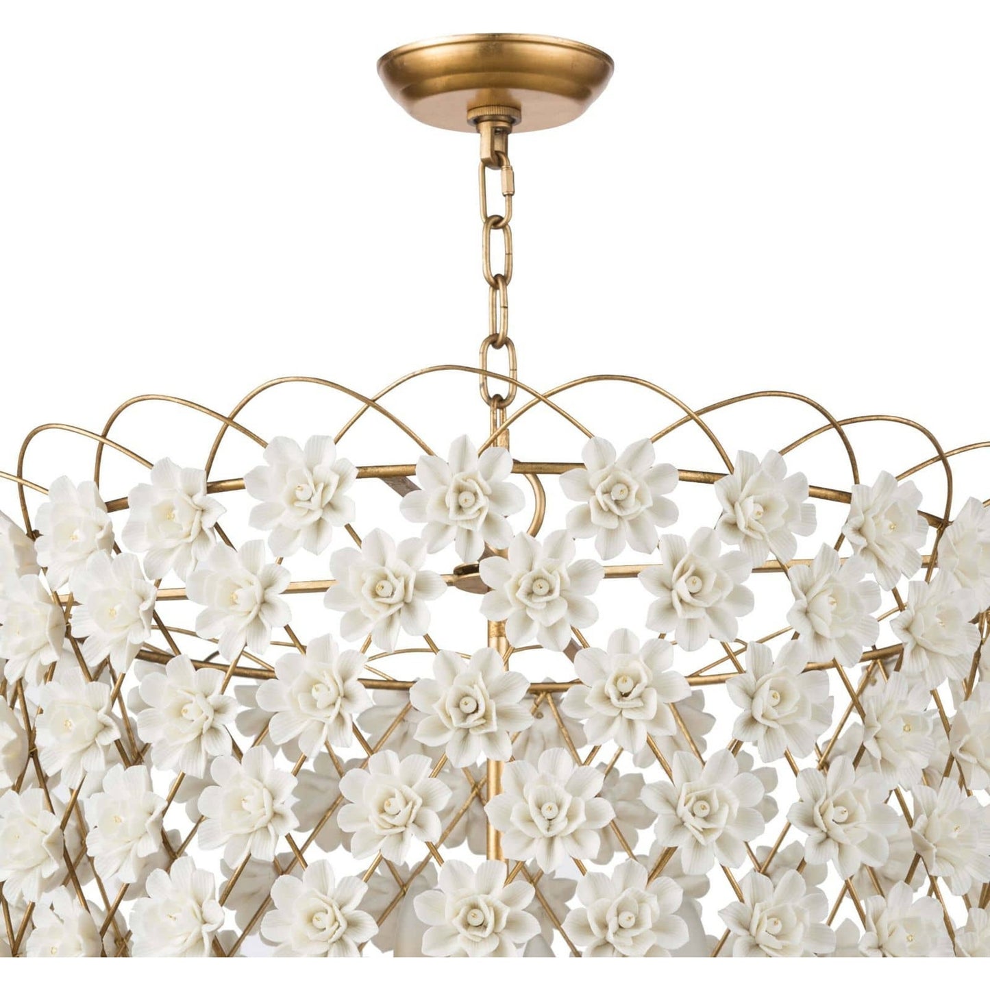 003 S-286686 | Closeup | Alice Porcelain Flower Chandelier by Regina Andrew in gold and gold leaf. Made from iron in a modern style.