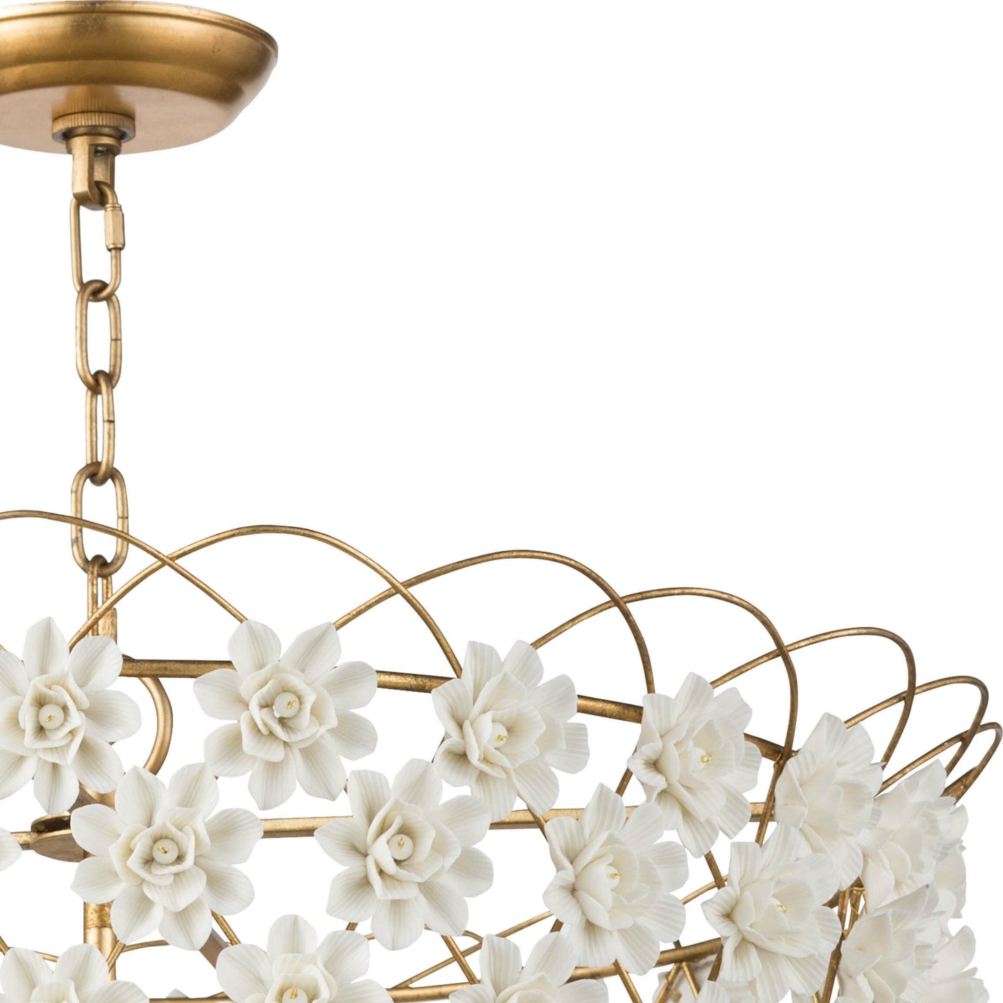 005 S-286686 | Closeup | Alice Porcelain Flower Chandelier by Regina Andrew in gold and gold leaf. Made from iron in a modern style.