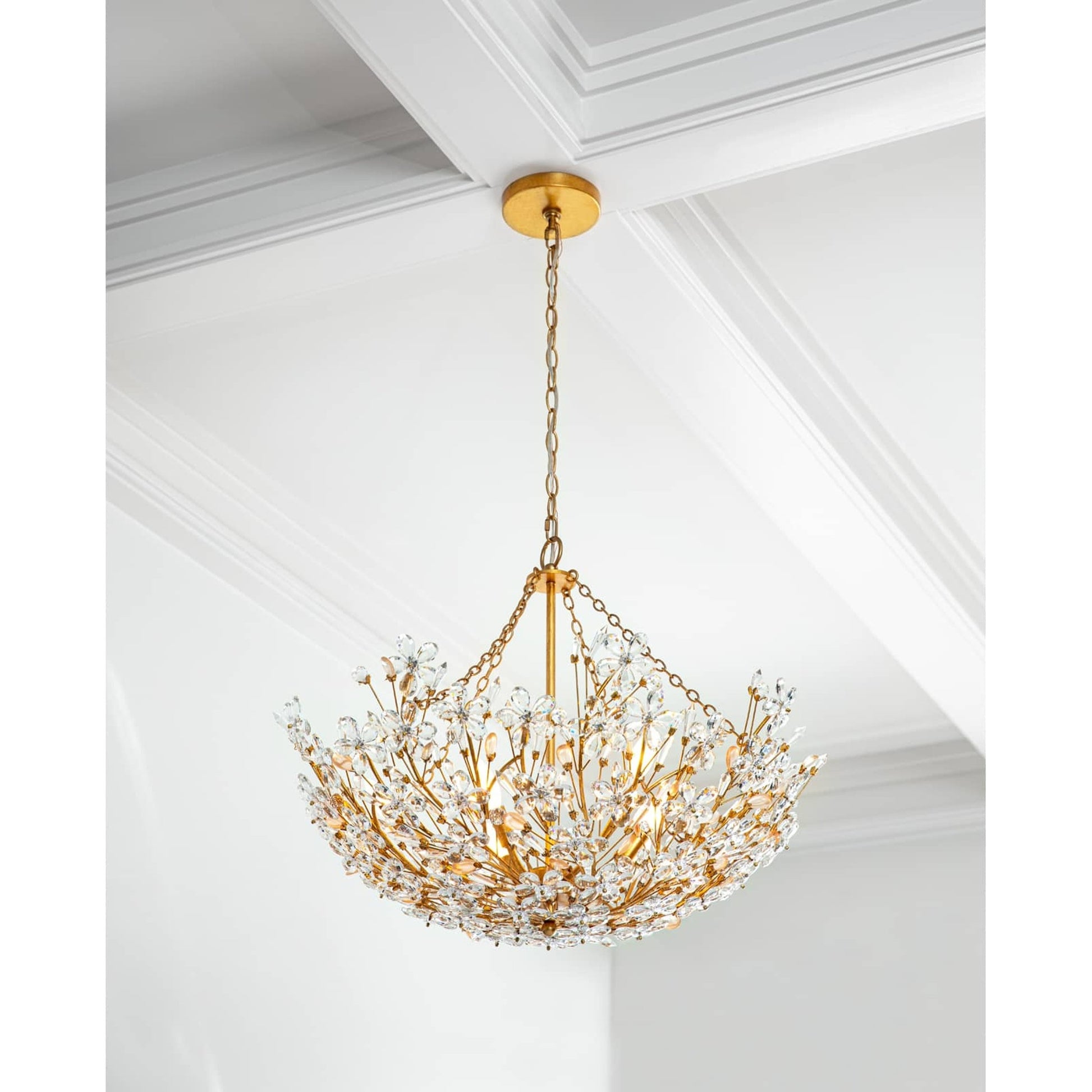 Cheshire Basin Pendant by Regina Andrew in gold and gold leaf. Made from crystal in a cottage & farmhouse style.