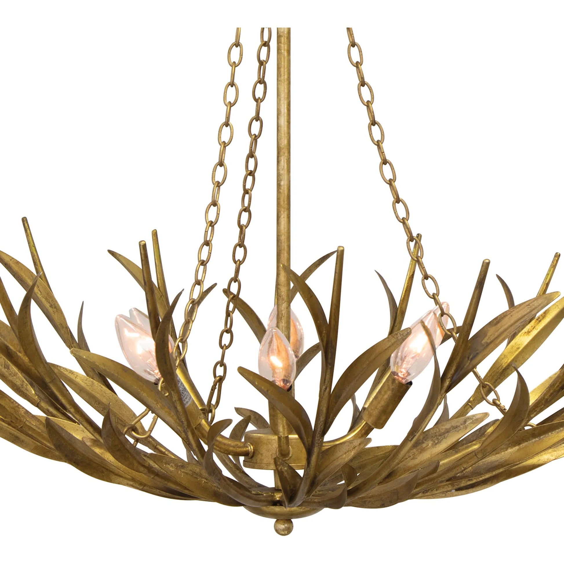 River Reed Basin Chandelier by Regina Andrew in antique gold leaf. Made from steel in a modern style.