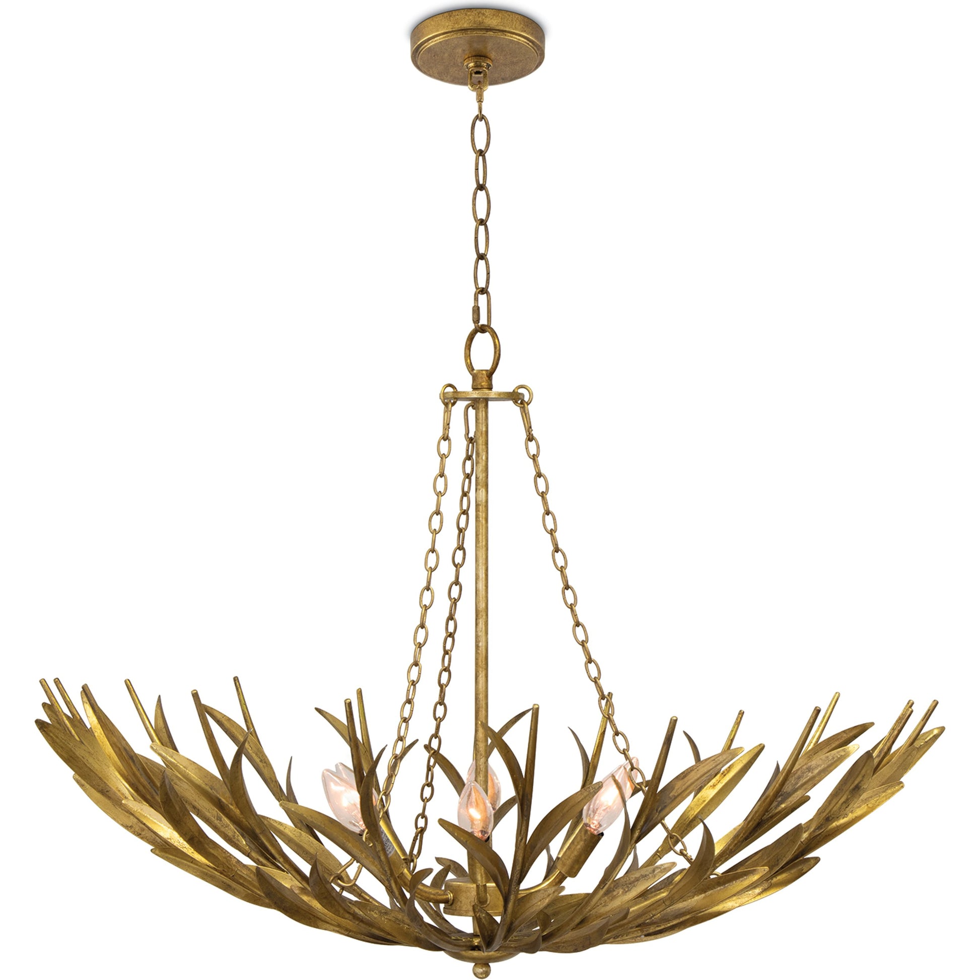 River Reed Basin Chandelier by Regina Andrew in antique gold leaf. Made from steel in a modern style.