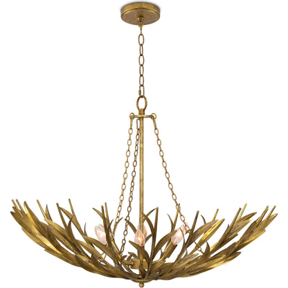 River Reed Basin Chandelier by Regina Andrew in antique gold leaf. Made from steel in a modern style.