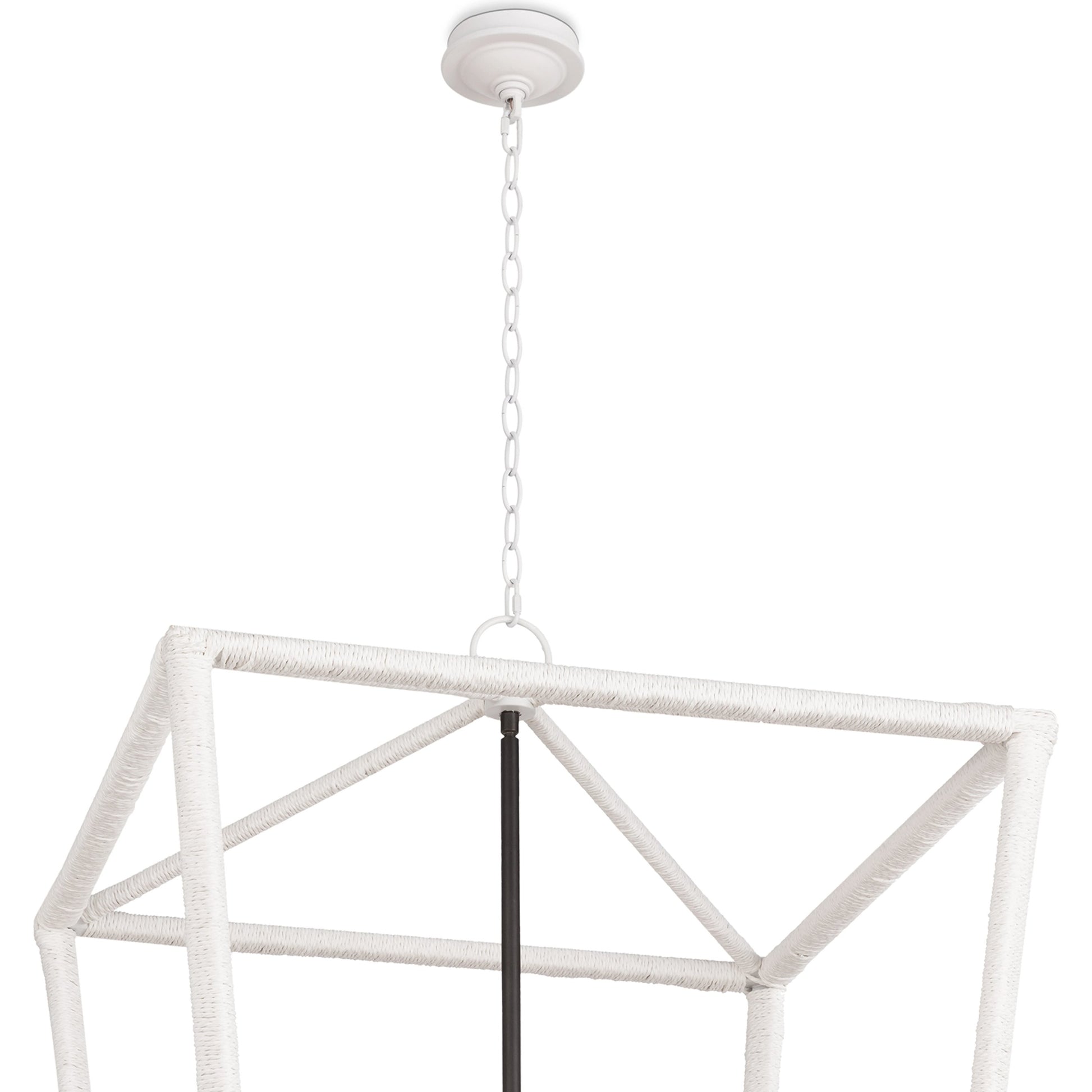 Luella Lantern by Regina Andrew in white and blackened brass. Made from jute rope in a transitional style.