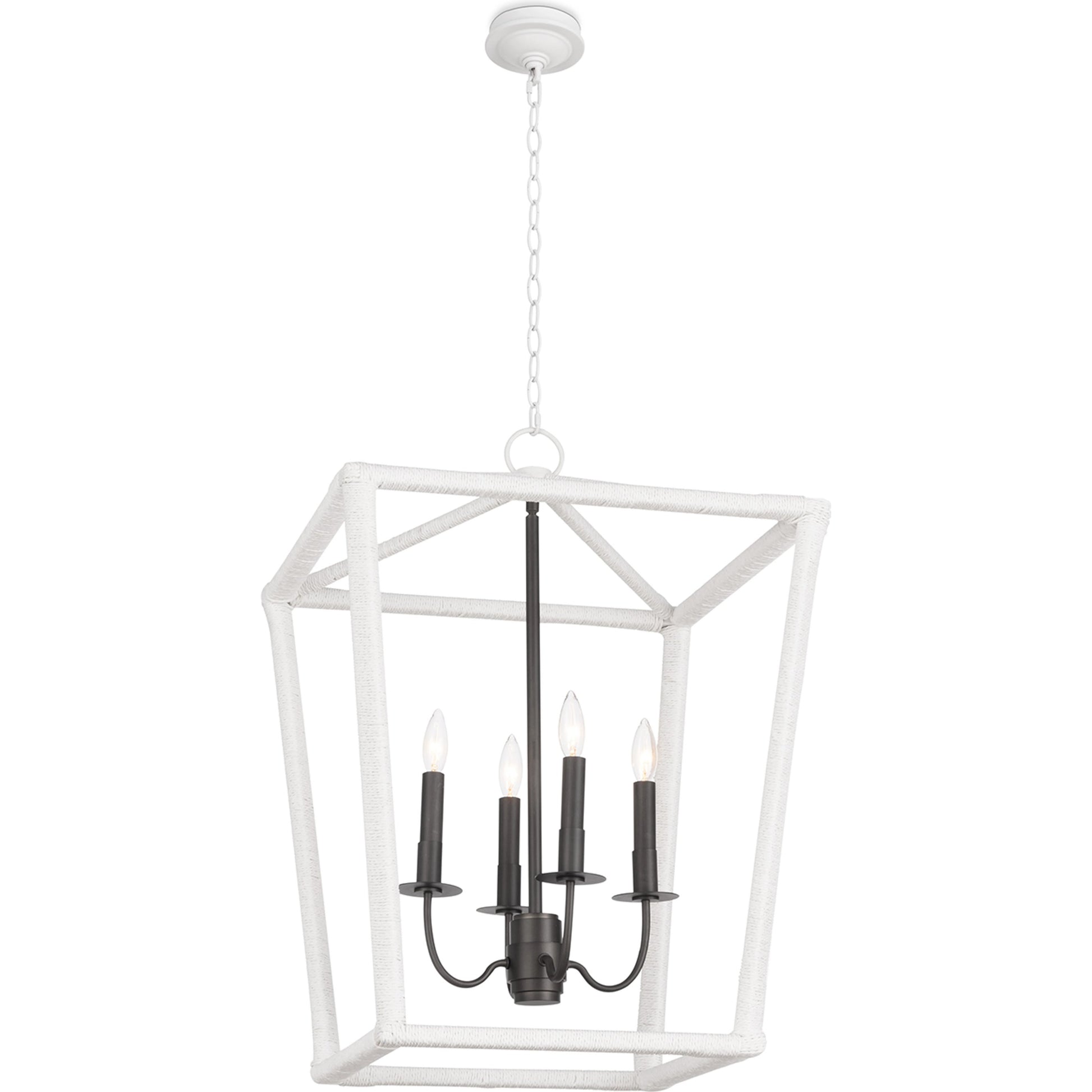 Luella Lantern by Regina Andrew in white and blackened brass. Made from jute rope in a transitional style.