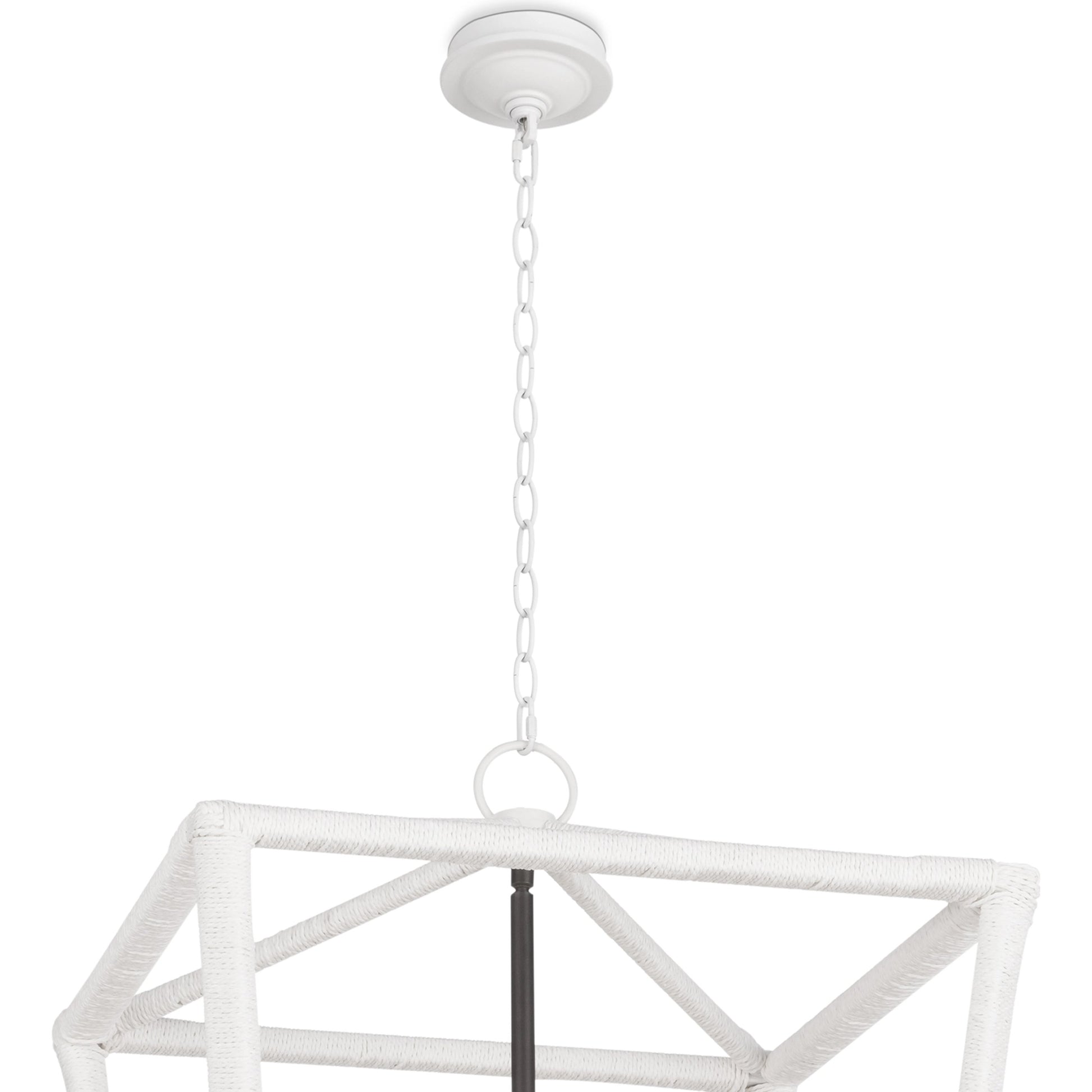 Luella Lantern by Regina Andrew in white and blackened brass. Made from jute rope in a transitional style.