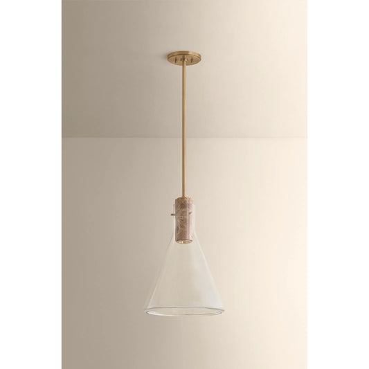 West Hill Pendant by Hudson Valley in patina brass. Made from glass in a unique style.