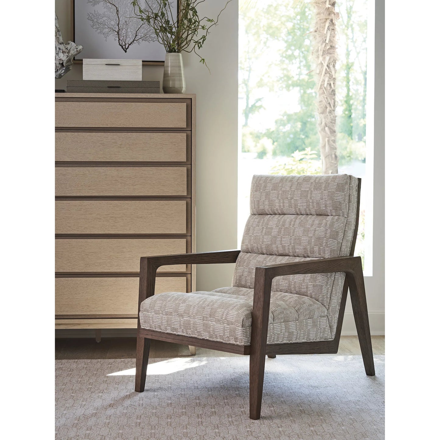003 SI-2540605 | Lifestyle | Hayley Chair by Tommy Bahama Home in cream and brown. Made from white oak, fabric in a unique style.
