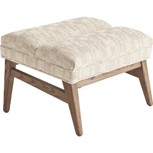 Hayley Ottoman by Tommy Bahama Home in cream and brown. Made from white oak, fabric in a unique style.
