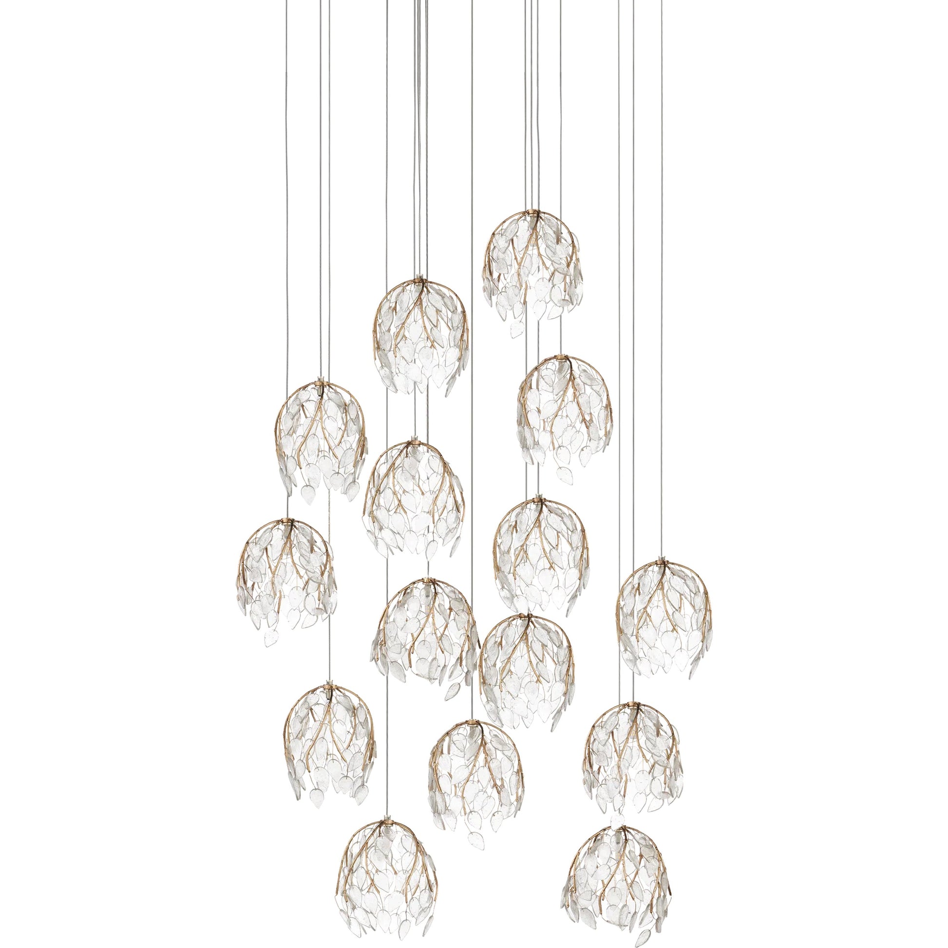 Banyan 15-Light Multi-Drop Pendant by Currey and Company in antique brass, clear, silver. Made from metal, glass in a modern style.