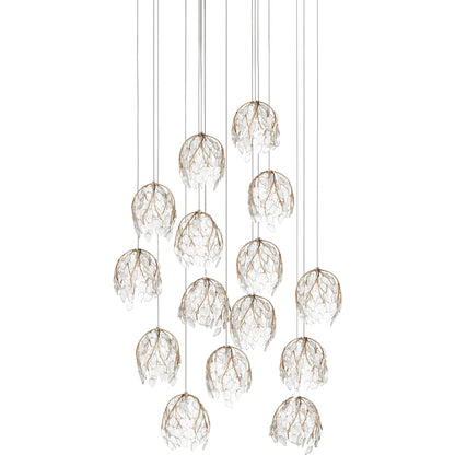 Banyan 15-Light Multi-Drop Pendant by Currey and Company in antique brass, clear, silver. Made from metal, glass in a modern style.