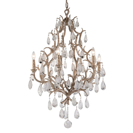 Amadeus Chandelier by Corbett in stria gold leaf. Made from hand worked iron in a traditional style.