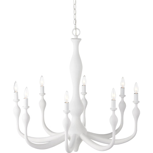 Ludwig Chandelier by Currey and Company in gesso white. Made from wrought iron in a traditional style.