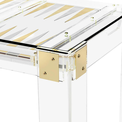 Pierre Backgammon Table by Interlude Home in clear, shiny brass, shiny silver. Made from acrylic, metal, glass in a modern style.