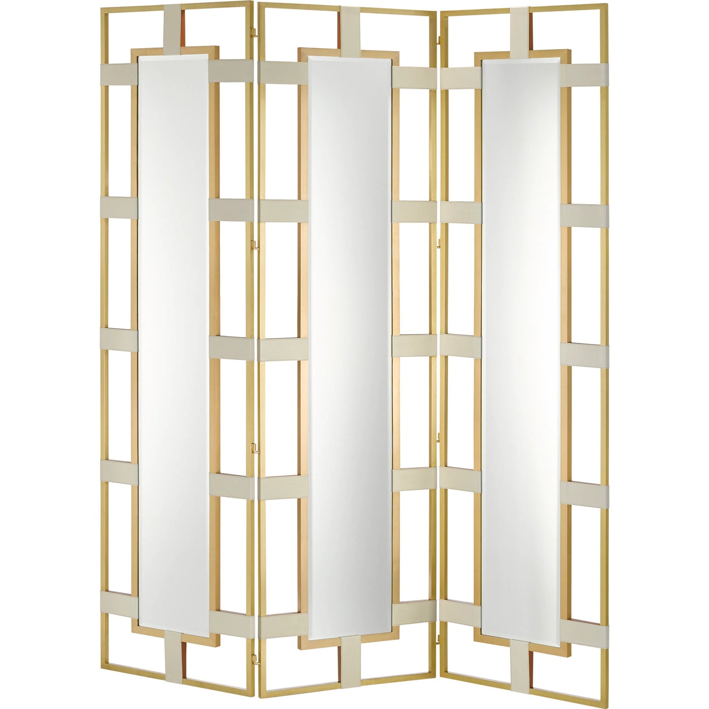 001 SR-823520 | Primary Silo | Camille Screen by Currey and Company in cream, brushed brass, mirror. Made from leather, brass, wood, glass in a transitional style.