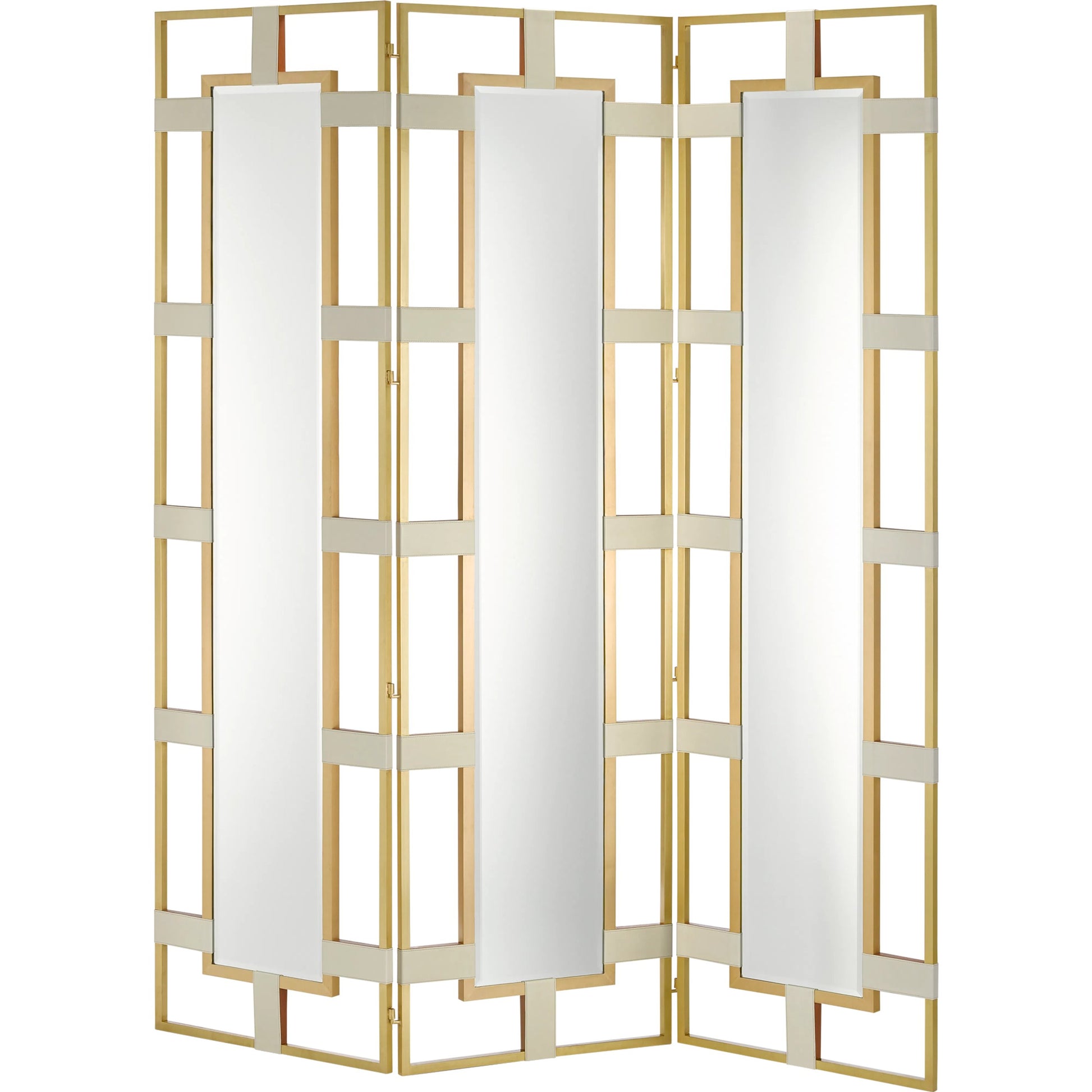 Camille Screen by Currey and Company in cream, brushed brass, mirror. Made from leather, brass, wood, glass in a transitional style.