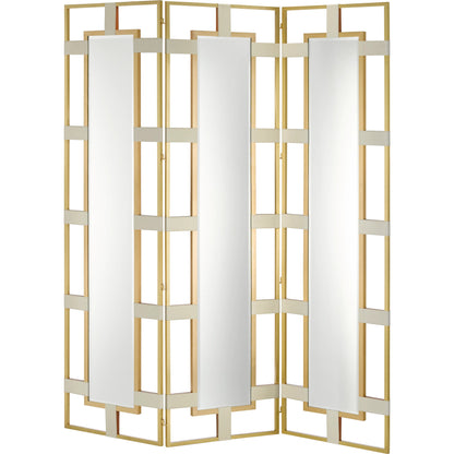 Camille Screen by Currey and Company in cream, brushed brass, mirror. Made from leather, brass, wood, glass in a transitional style.