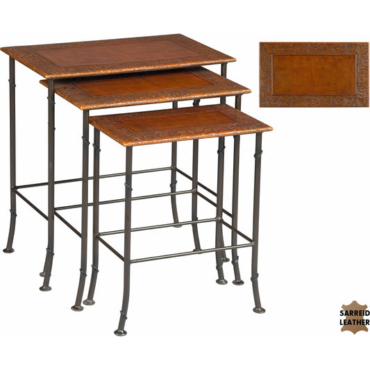 Kew Gardens Nesting Tables by Sarreid Ltd. in brown and iron faux bamboo base. Made from wood, leather, iron in a traditional style.
