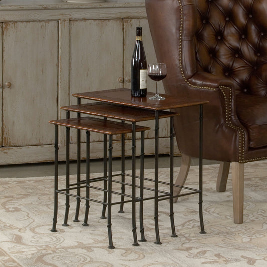 Kew Gardens Nesting Tables by Sarreid Ltd. in brown and iron faux bamboo base. Made from wood, leather, iron in a traditional style.