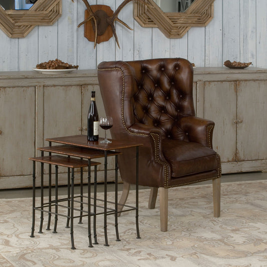 Kew Gardens Nesting Tables by Sarreid Ltd. in brown and iron faux bamboo base. Made from wood, leather, iron in a traditional style.