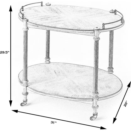 Kathleen 2 Tier Bar Cart by Butler Specialty Company in beige. Made from rubberwood solids, mdf, cherry veneer, zinc alloy in a modern style.