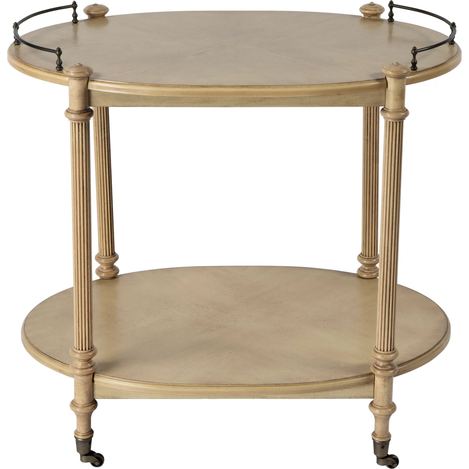 Kathleen 2 Tier Bar Cart by Butler Specialty Company in beige. Made from rubberwood solids, mdf, cherry veneer, zinc alloy in a modern style.