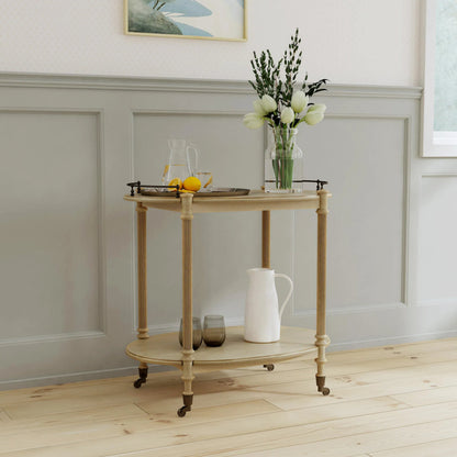 Kathleen 2 Tier Bar Cart by Butler Specialty Company in beige. Made from rubberwood solids, mdf, cherry veneer, zinc alloy in a modern style.