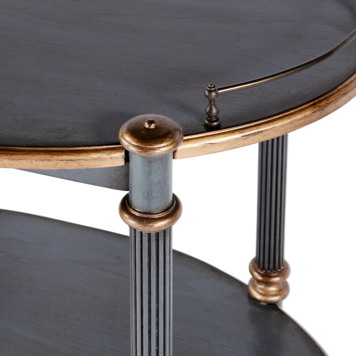 008 SI-2376911 | Closeup | Kathleen 2 Tier Cart on Casters by Butler Specialty Company. Made from rubberwood solids, mdf, cherry veneer, zinc alloy in a traditional style.