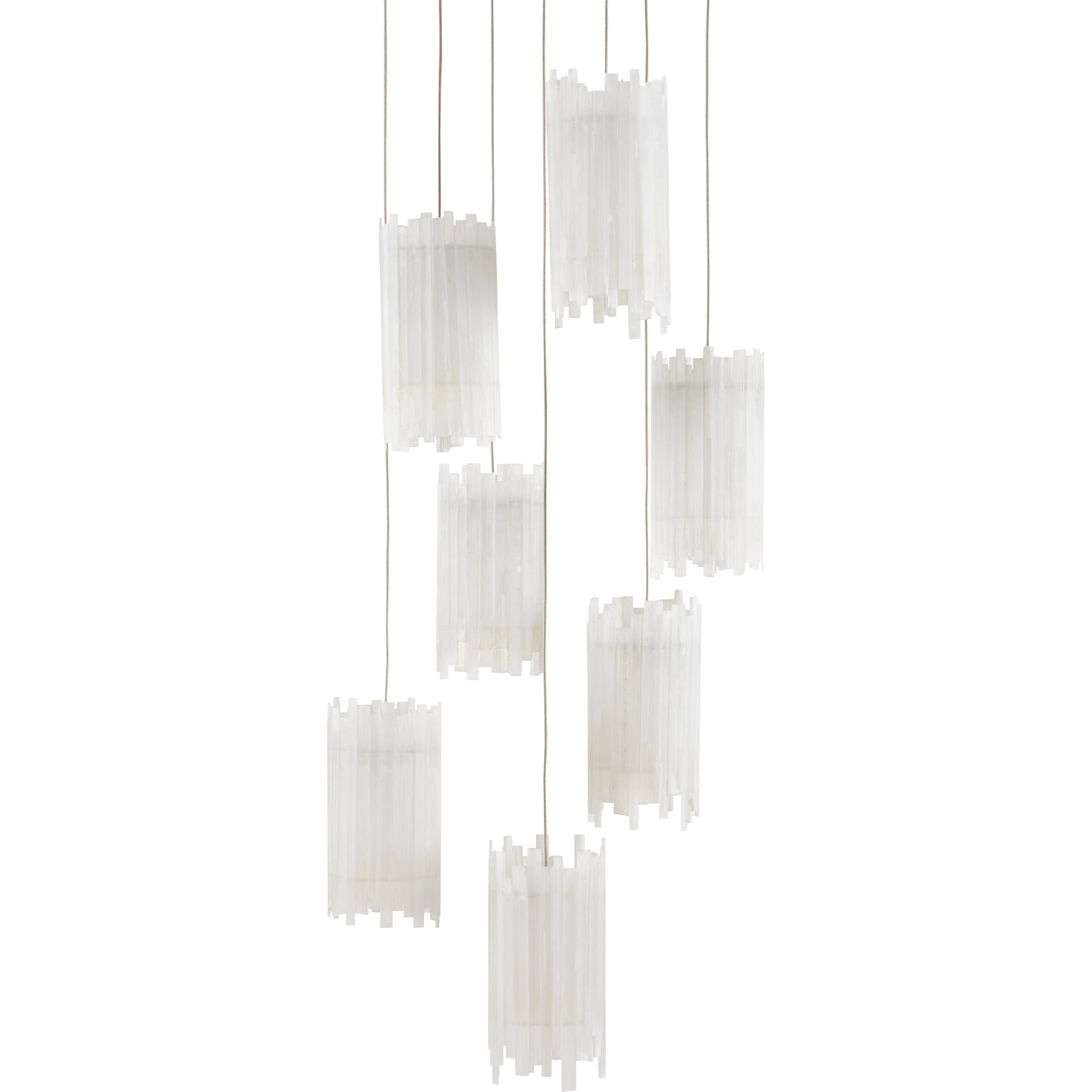 Escenia 7-Light Multi-Drop Pendant by Currey and Company in natural selenite, silver. Made from selenite, frosted glass in a transitional style.