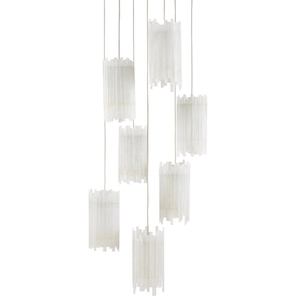 Escenia 7-Light Multi-Drop Pendant by Currey and Company in natural selenite, silver. Made from selenite, frosted glass in a transitional style.