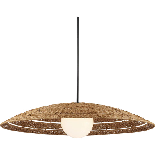 Barbary Outdoor Pendant by Currey and Company in natural, black, frosted white. Made from all-weather wicker, metal, glass in a unique style.