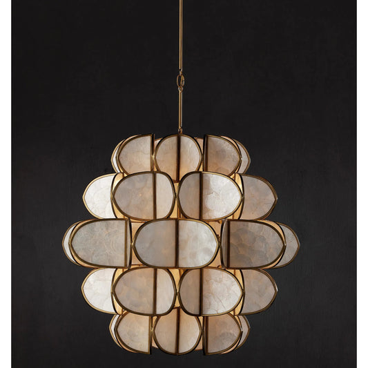 Galatea Chandelier by Currey and Company in natural, brass. Made from capiz shell, wrought iron in a eclectic & global style.