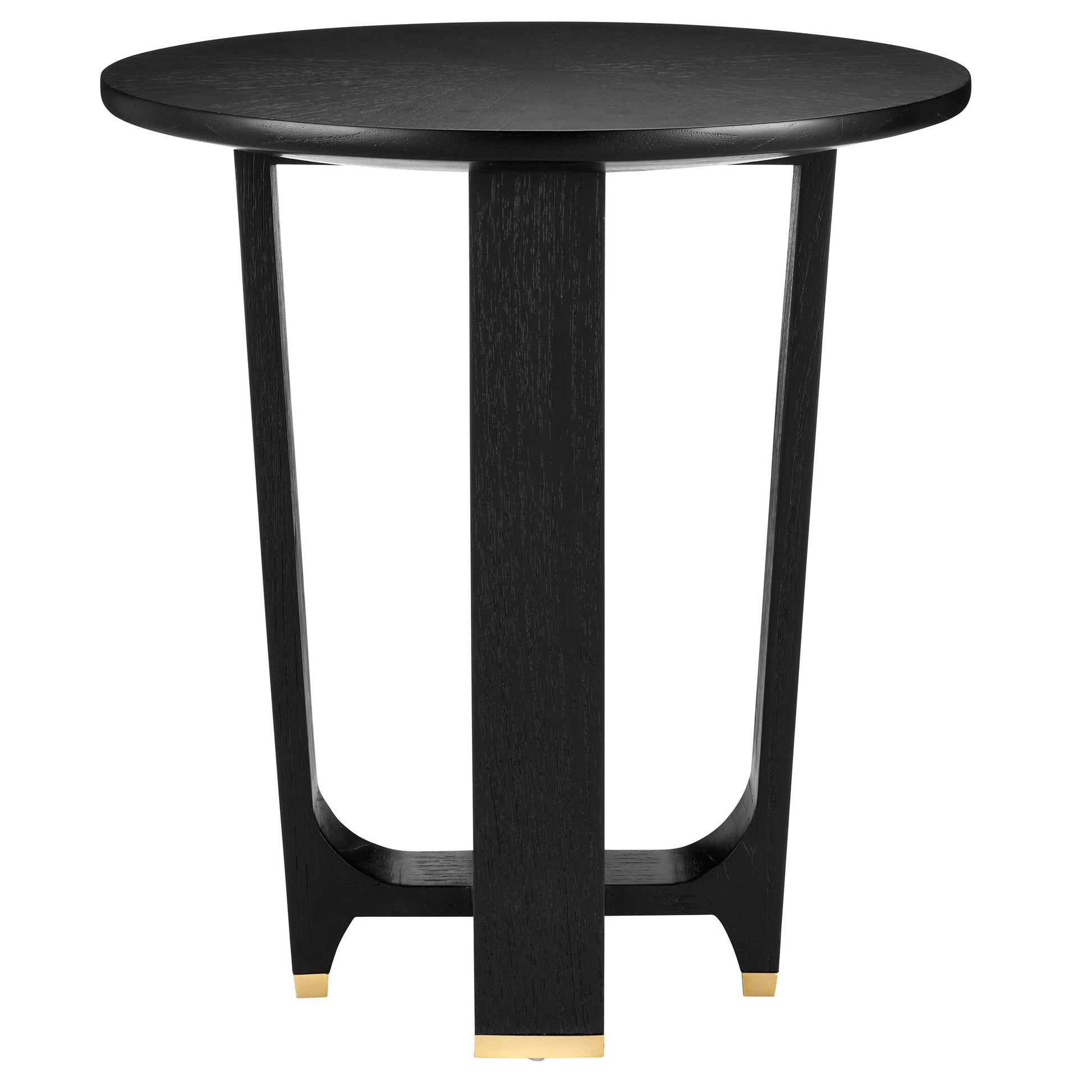Blake Accent Table by Currey and Company in matte caviar black, polished brass. Made from mindi wood, brass in a modern style.