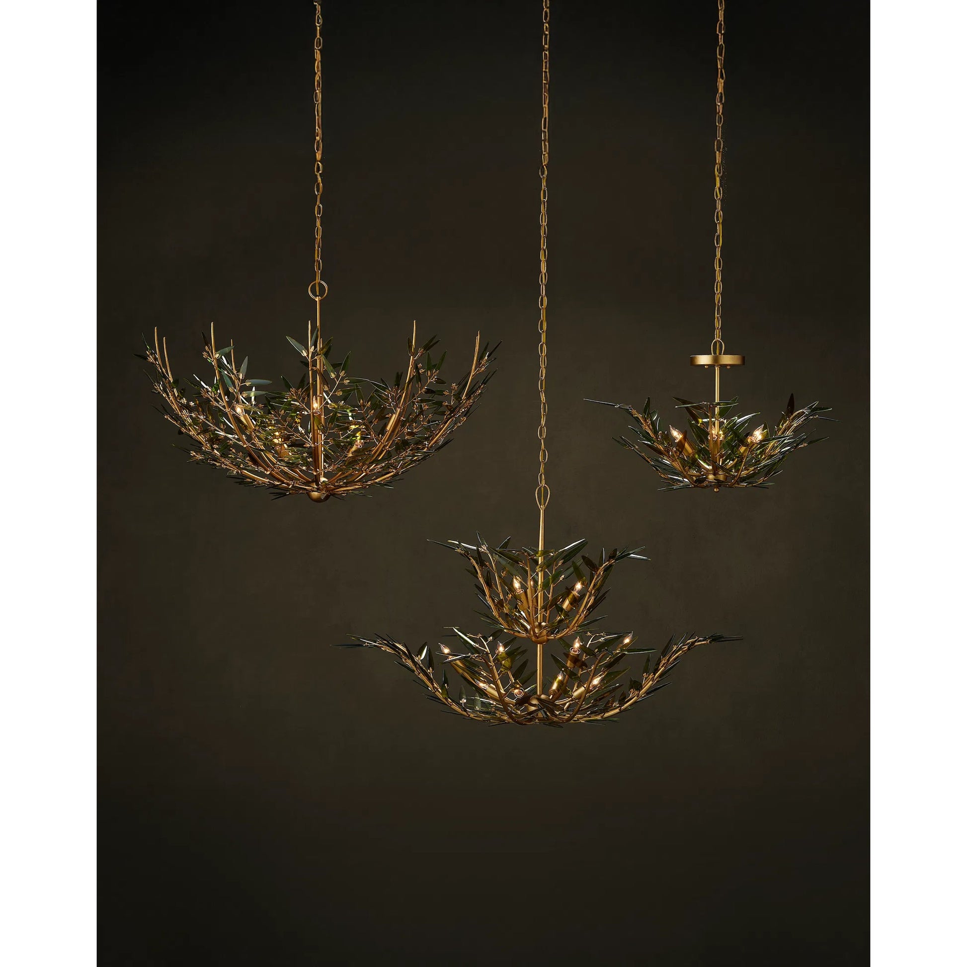 Babylon Two-Tier Chandelier by Currey and Company in green, contemporary gold leaf. Made from recycled bottle glass, wrought iron in a modern style.