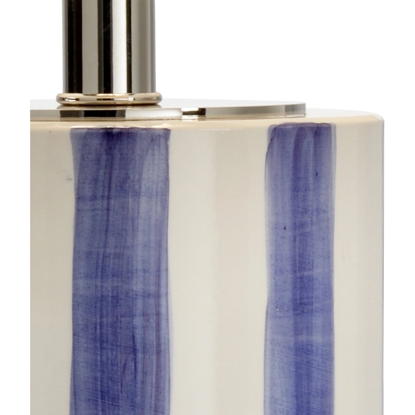 018 SR-386323 | Closeup | Sailor Stripe Lamp by Wildwood in aged cream, blue glaze, clear. Made from ceramic in a modern style.