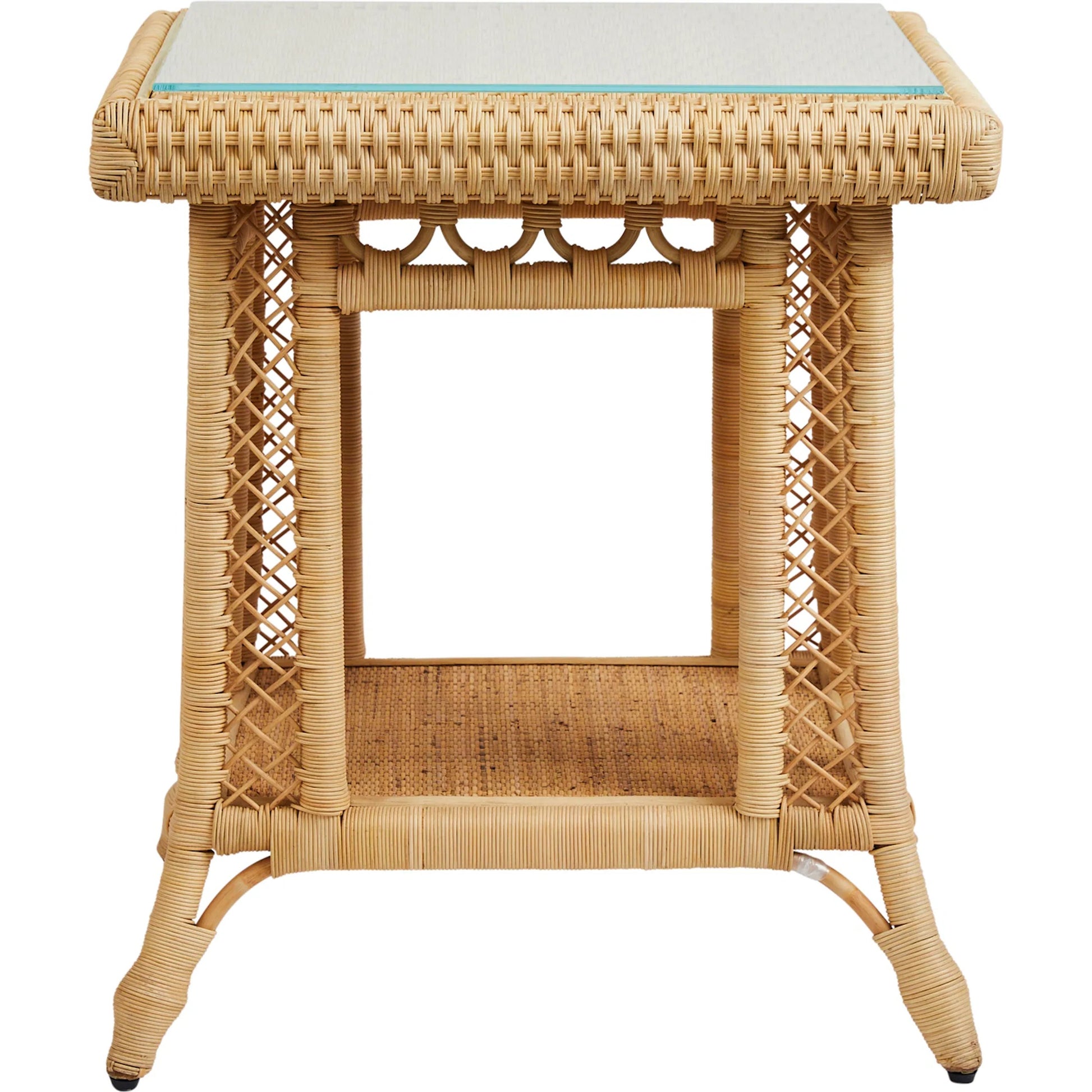 Hope Town Side Table by Chelsea House in tan. Made from natural rattan, fitrit rattan in a rustic style.