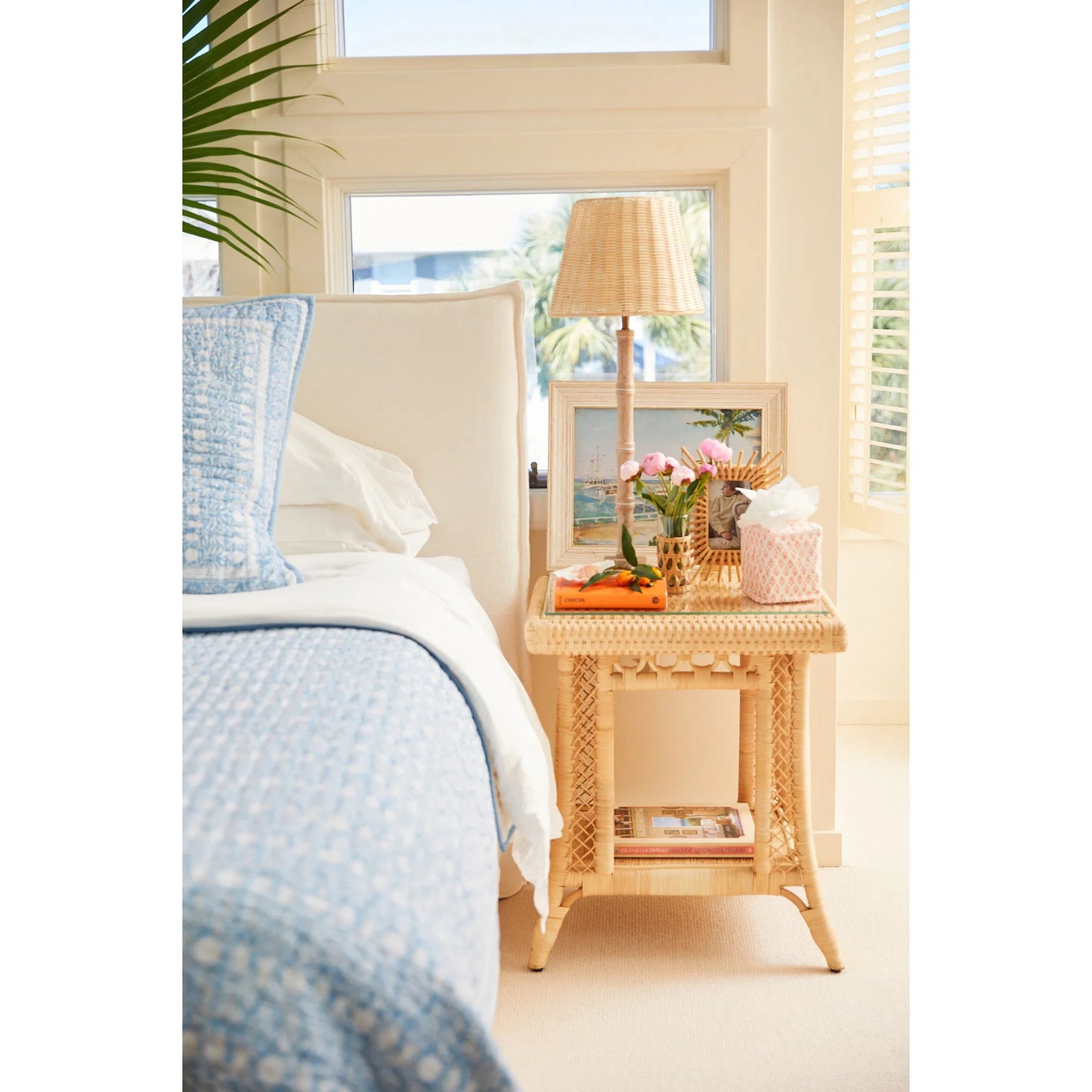 008 SI-2453011 | Lifestyle | Hope Town Side Table by Chelsea House in tan. Made from natural rattan, fitrit rattan in a rustic style.