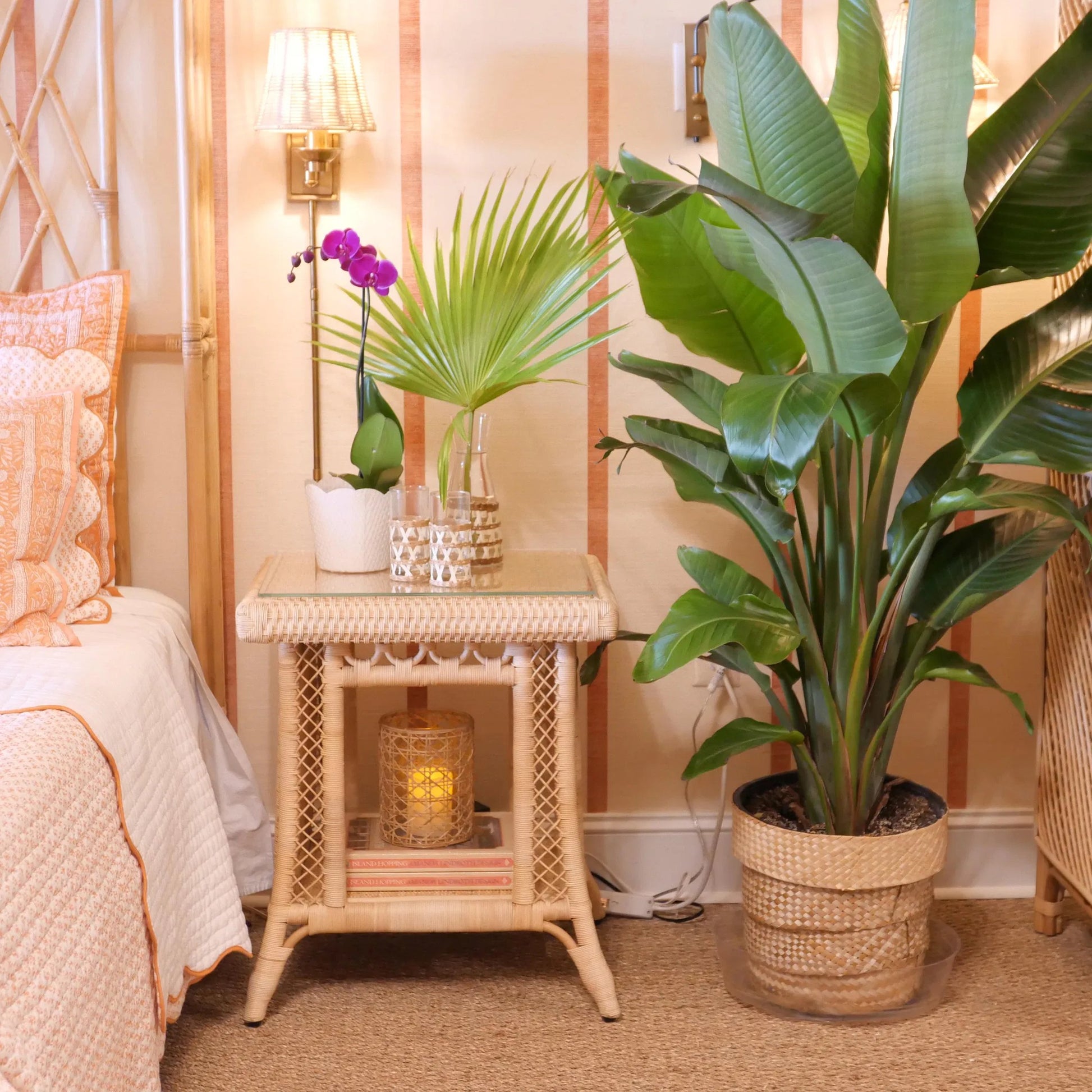 Hope Town Side Table by Chelsea House in tan. Made from natural rattan, fitrit rattan in a rustic style.