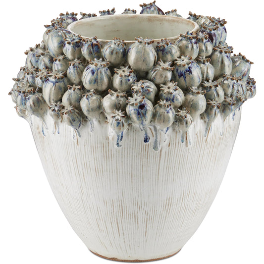 Poppy Pod Crown Vase by Currey and Company in ivory, reactive blue, purple. Made from ceramic in a unique style.