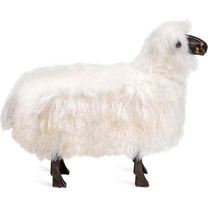 Phillippe Sculpture by Interlude Home in antique bronze, ivory. Made from iron, resin, long curly sheepskin in a modern style.