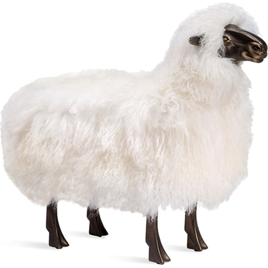 Phillippe Sculpture by Interlude Home in antique bronze, ivory. Made from iron, resin, long curly sheepskin in a modern style.