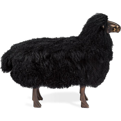 Leon Sheep Sculpture by Interlude Home in antique bronze, black. Made from iron, resin, long curly sheepskin in a modern style.