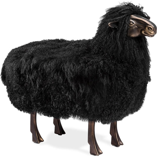 Leon Sheep Sculpture by Interlude Home in antique bronze, black. Made from iron, resin, long curly sheepskin in a modern style.