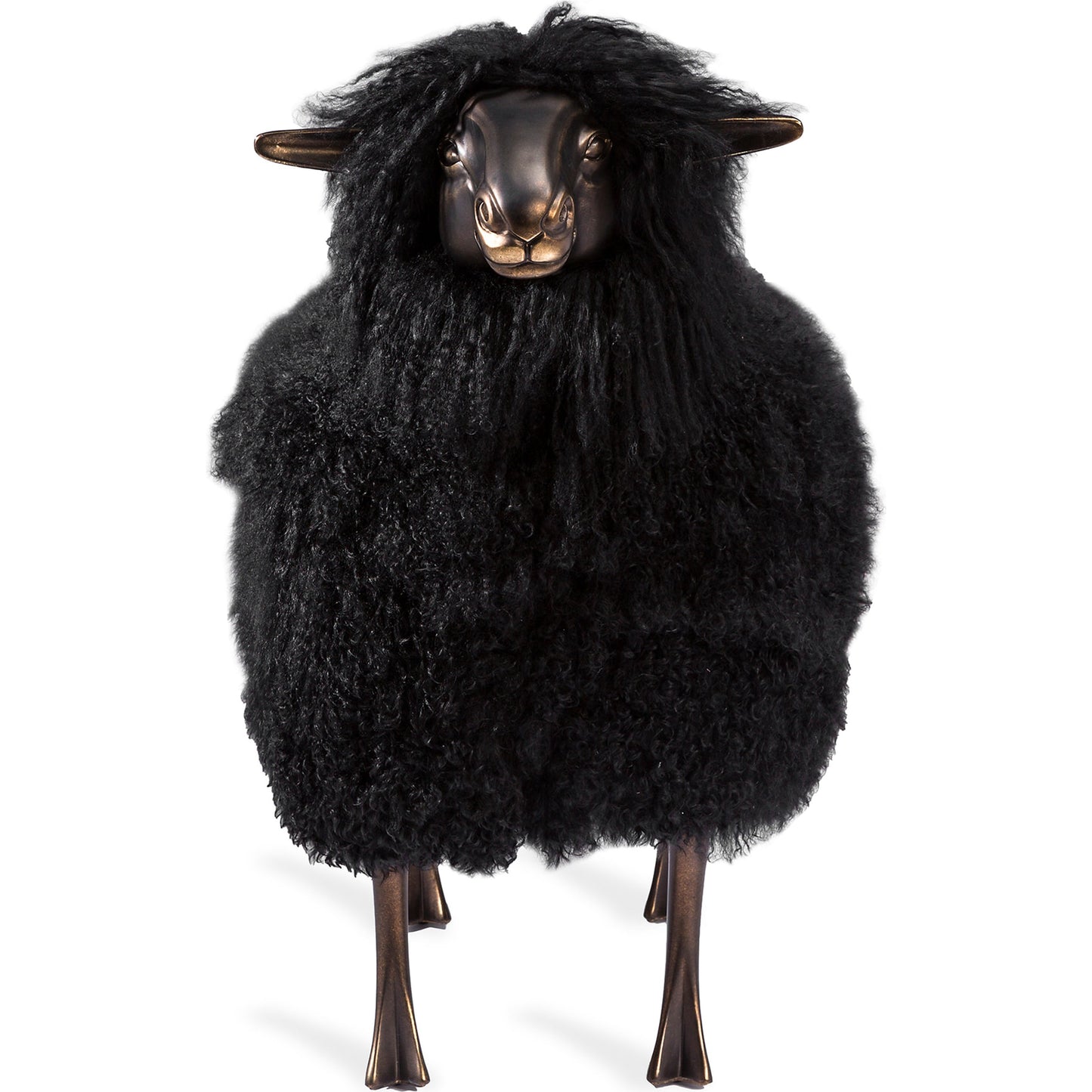 002 S-299626 | Additional Silo | Leon Sheep Sculpture by Interlude Home in antique bronze, black. Made from iron, resin, long curly sheepskin in a modern style.