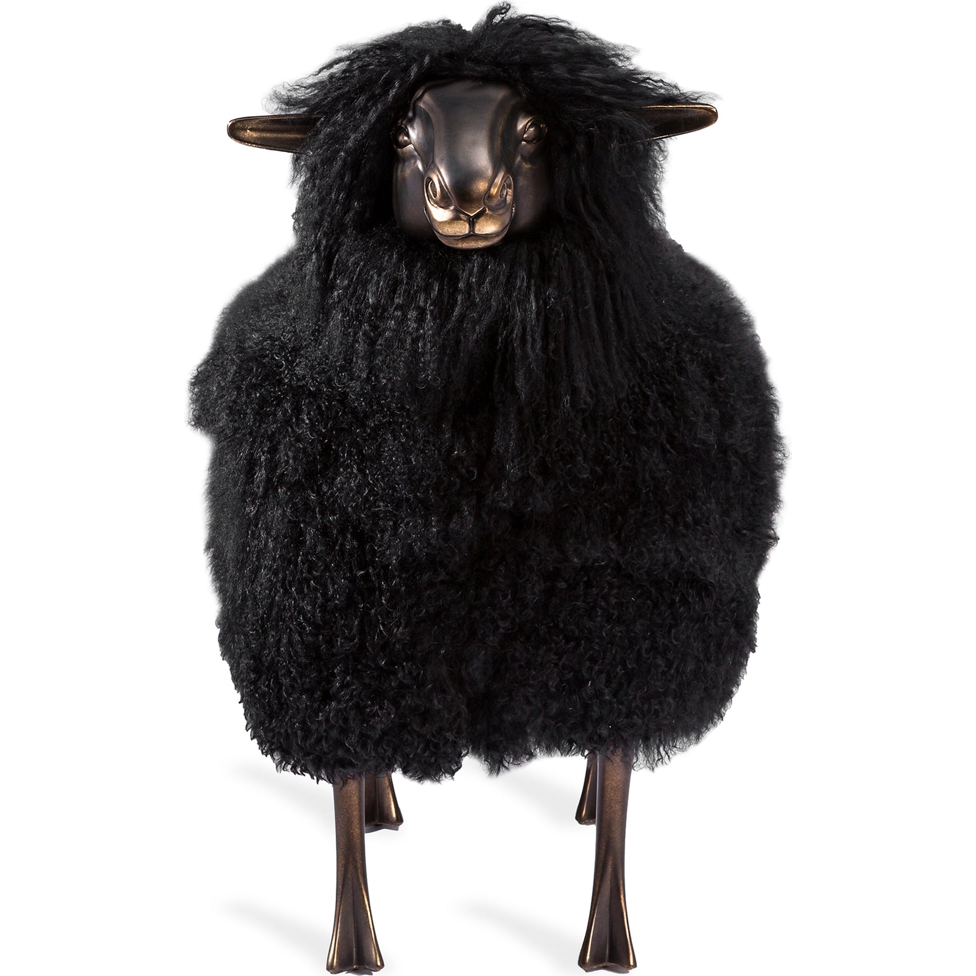 Leon Sheep Sculpture by Interlude Home in antique bronze, black. Made from iron, resin, long curly sheepskin in a modern style.