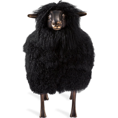 Leon Sheep Sculpture by Interlude Home in antique bronze, black. Made from iron, resin, long curly sheepskin in a modern style.