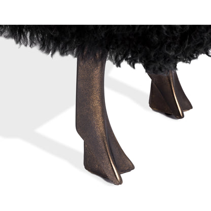 Leon Sheep Sculpture by Interlude Home in antique bronze, black. Made from iron, resin, long curly sheepskin in a modern style.