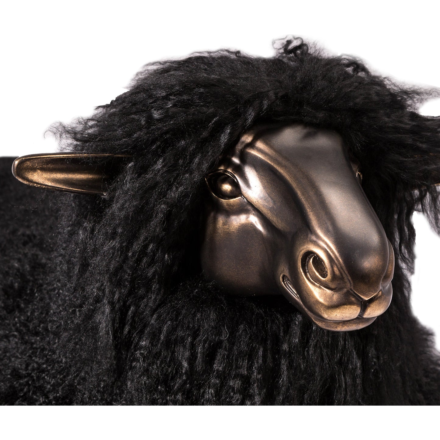 004 S-299626 | Closeup | Leon Sheep Sculpture by Interlude Home in antique bronze, black. Made from iron, resin, long curly sheepskin in a modern style.