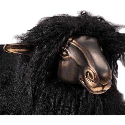 Leon Sheep Sculpture by Interlude Home in antique bronze, black. Made from iron, resin, long curly sheepskin in a modern style.
