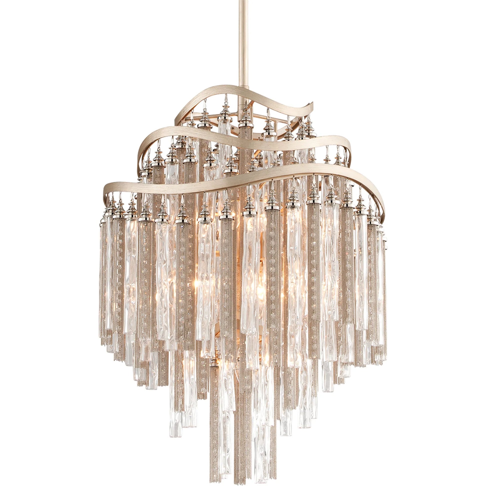 Chimera Chandelier by Corbett in tranquility silver leaf. Made from hand crafted iron in a unique style.
